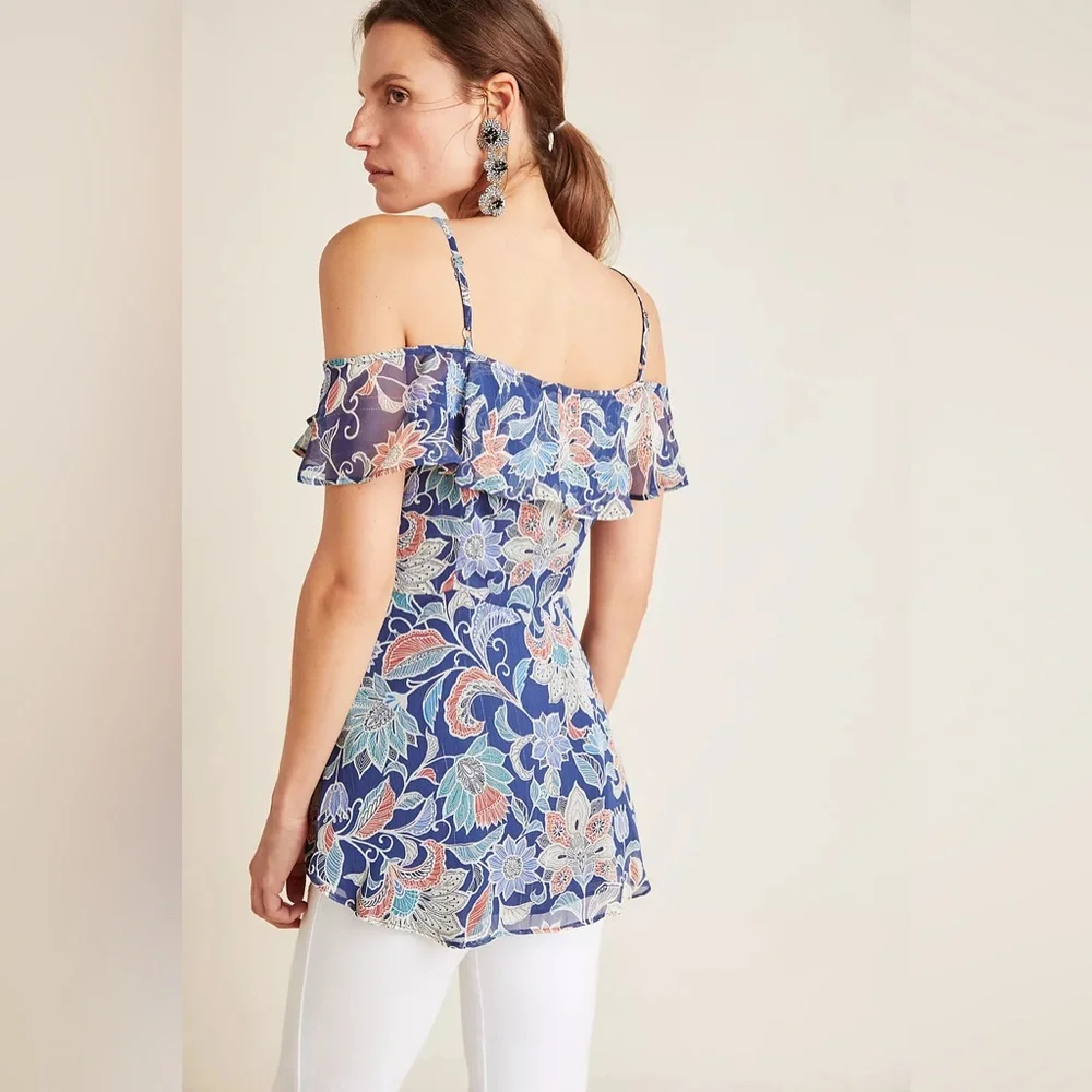 NWT Maeve Anthropologie Mariposa Open-Shoulder Ruffled Top, Size 2 - Picture 2 of 10